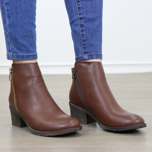 Brown Faux Leather Ankle Boots W/ Gold Zipper - Picture 8 of 9